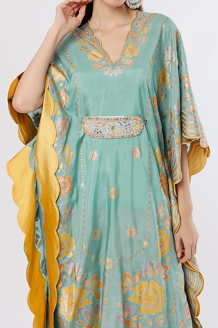 Mint Hand Embroidered & Printed Kaftan Set by I AM DESIGN at Pernia's Pop Up Shop