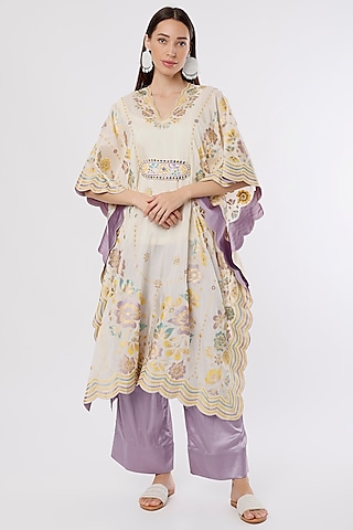 Ivory Hand Embroidered & Printed Kaftan Set by I AM DESIGN