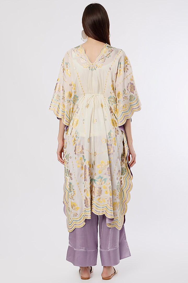 Ivory Hand Embroidered & Printed Kaftan Set by I AM DESIGN at Pernia's Pop Up Shop
