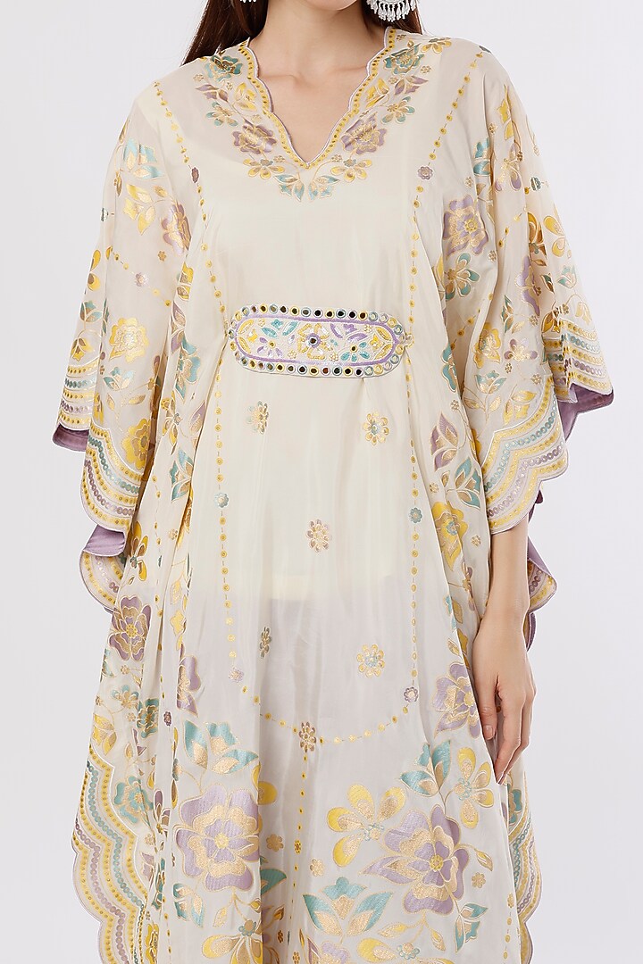 Ivory Hand Embroidered & Printed Kaftan Set by I AM DESIGN at Pernia's Pop Up Shop