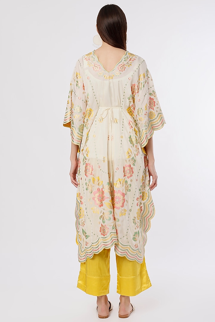Ivory Hand Embroidered & Printed Kaftan Set by I AM DESIGN at Pernia's Pop Up Shop