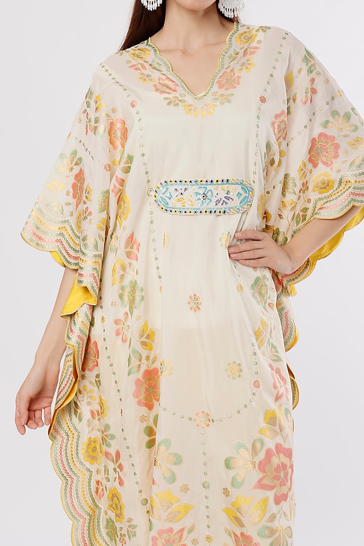 Ivory Hand Embroidered & Printed Kaftan Set by I AM DESIGN at Pernia's Pop Up Shop