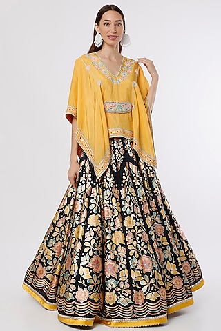 Black Hand Embroidered & Printed Lehenga Set by I AM DESIGN