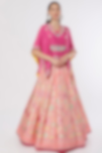 Pink Hand Embroidered & Printed Lehenga Set by I AM DESIGN