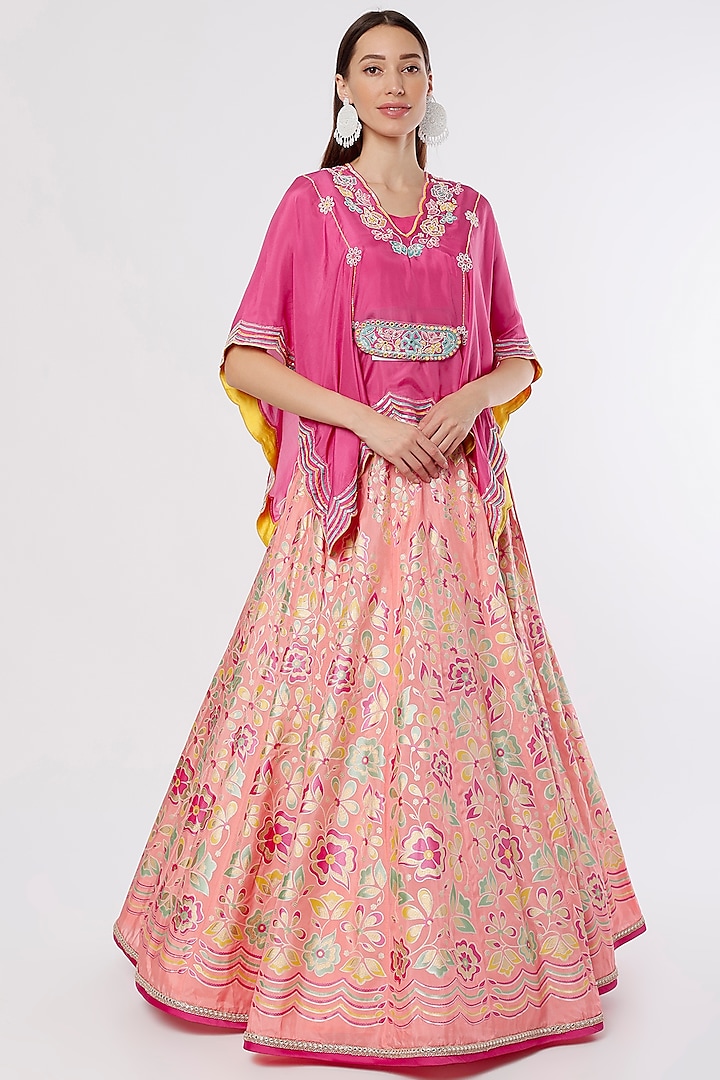Pink Hand Embroidered & Printed Lehenga Set by I AM DESIGN