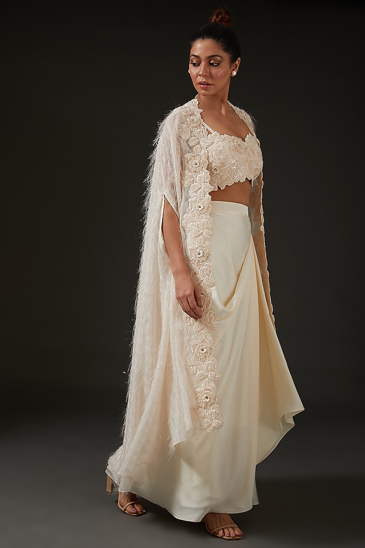 Ivory Armani Silk Satin Draped Skirt Set by I AM DESIGN at Pernia's Pop Up Shop
