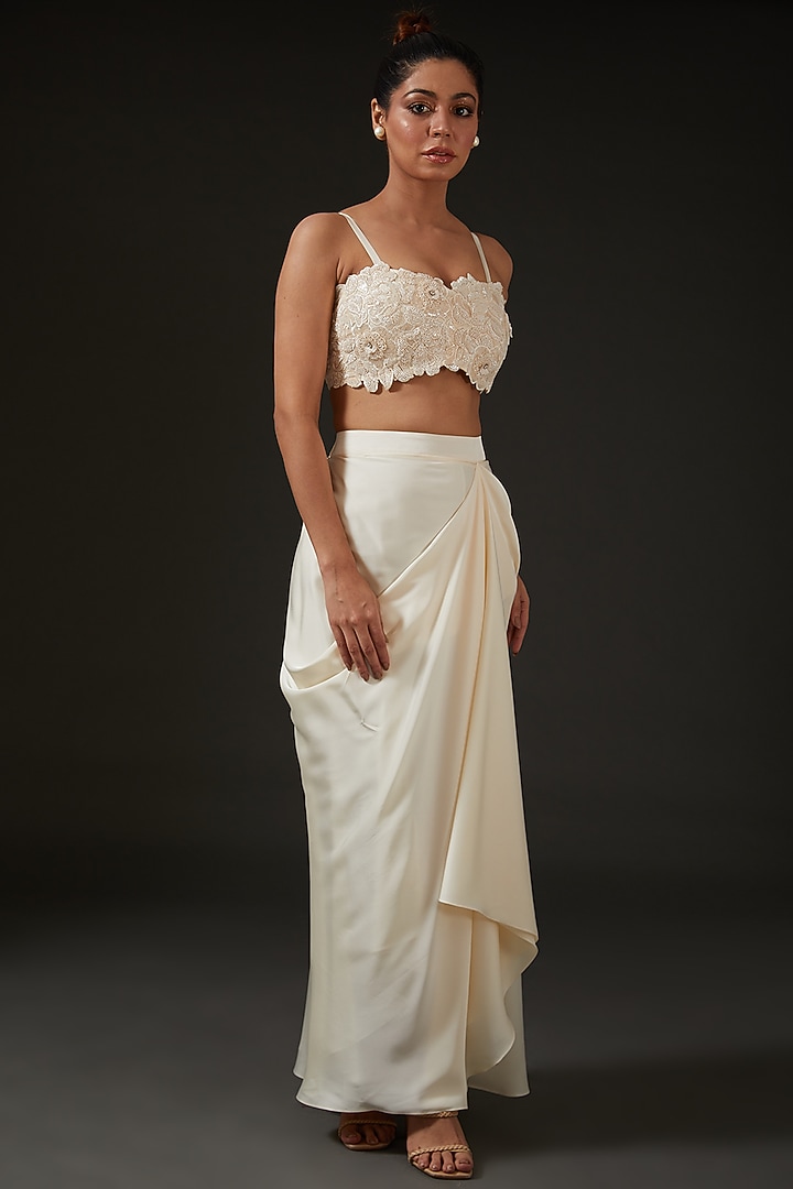 Ivory Armani Silk Satin Draped Skirt Set by I AM DESIGN at Pernia's Pop Up Shop