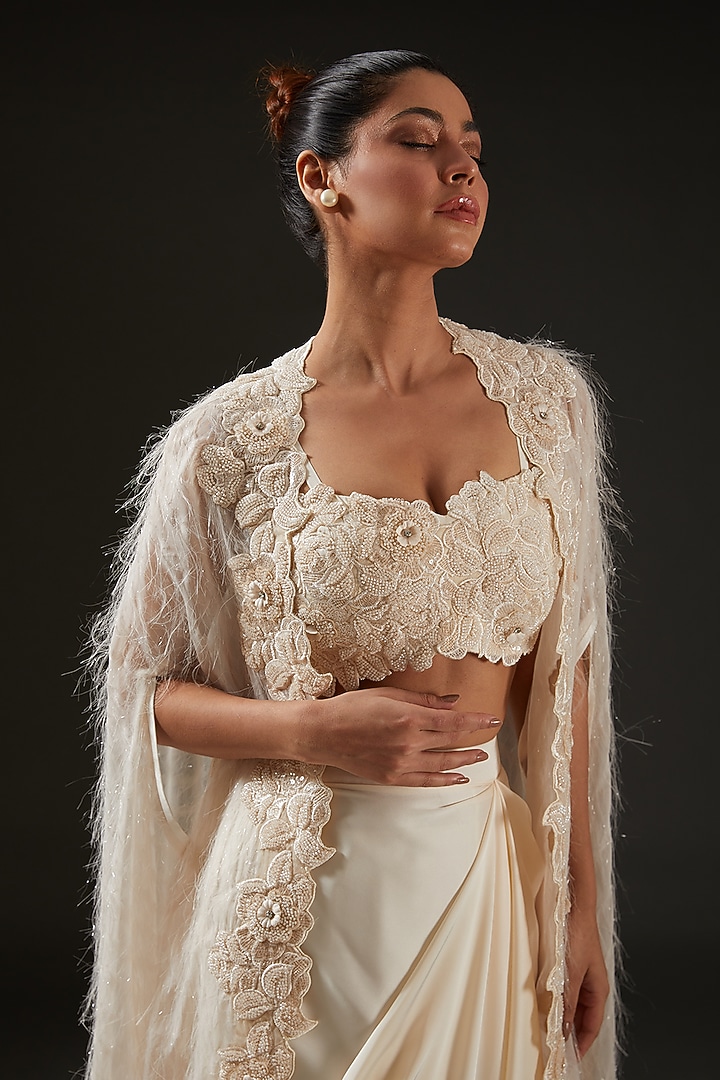Ivory Armani Silk Satin Draped Skirt Set by I AM DESIGN at Pernia's Pop Up Shop