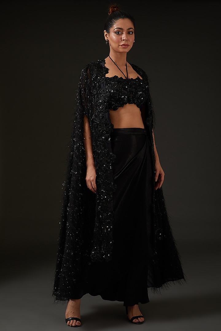 Black Armani Silk Satin Draped Skirt Set by I AM DESIGN at Pernia's Pop Up Shop