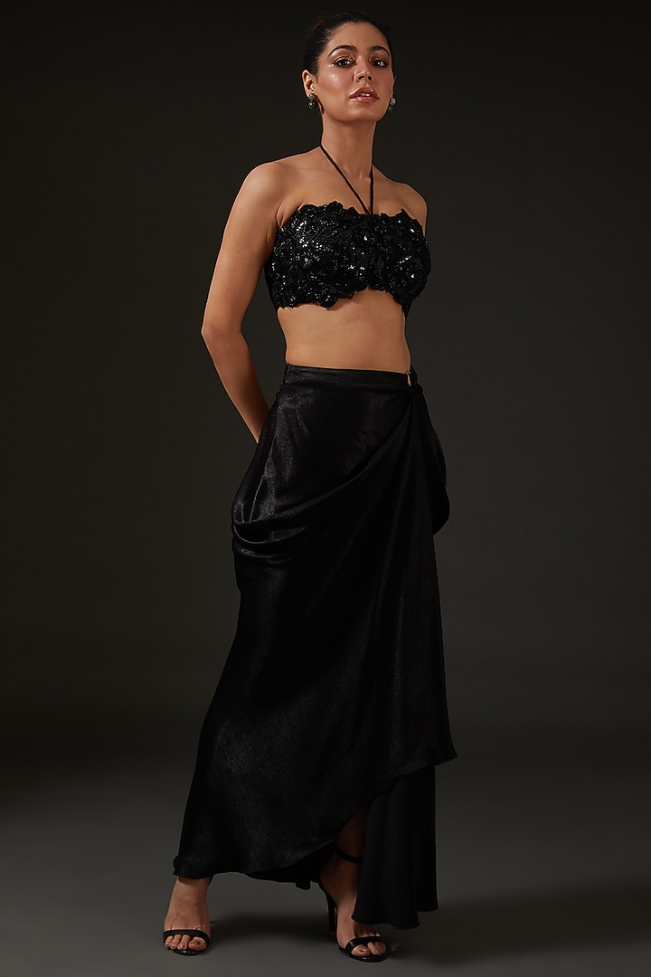 Black Armani Silk Satin Draped Skirt Set by I AM DESIGN at Pernia's Pop Up Shop
