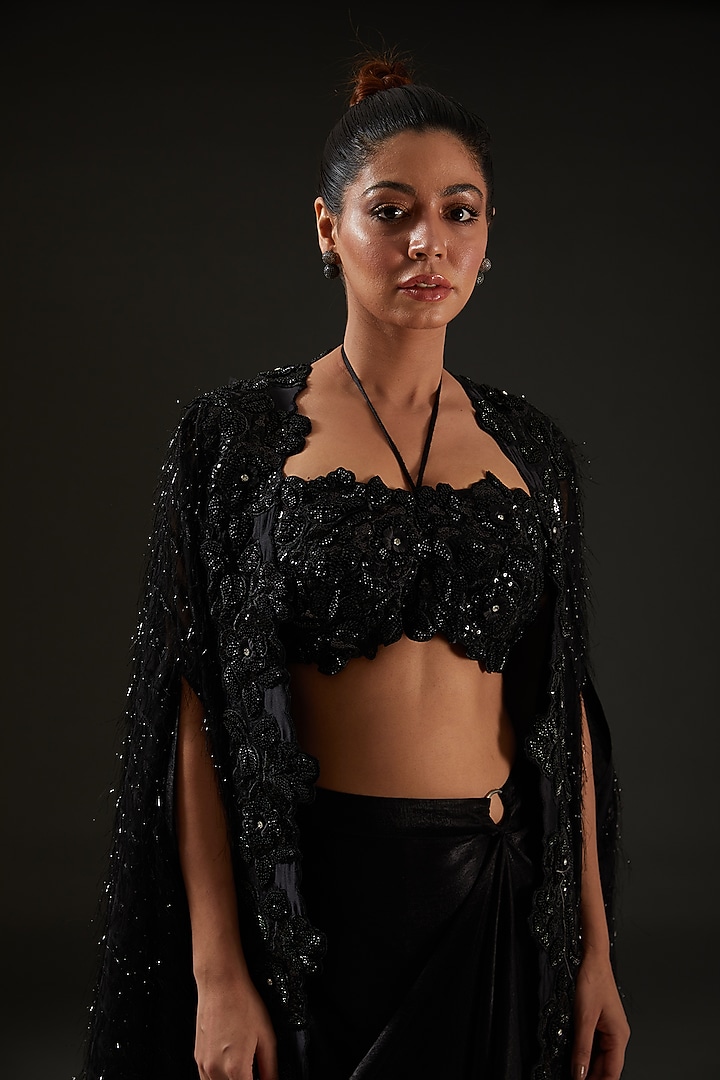 Black Armani Silk Satin Draped Skirt Set by I AM DESIGN at Pernia's Pop Up Shop