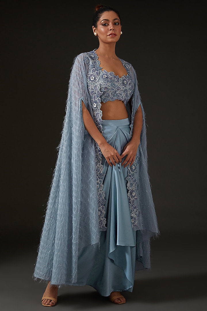 Blue Armani Silk Satin Draped Skirt Set by I AM DESIGN at Pernia's Pop Up Shop