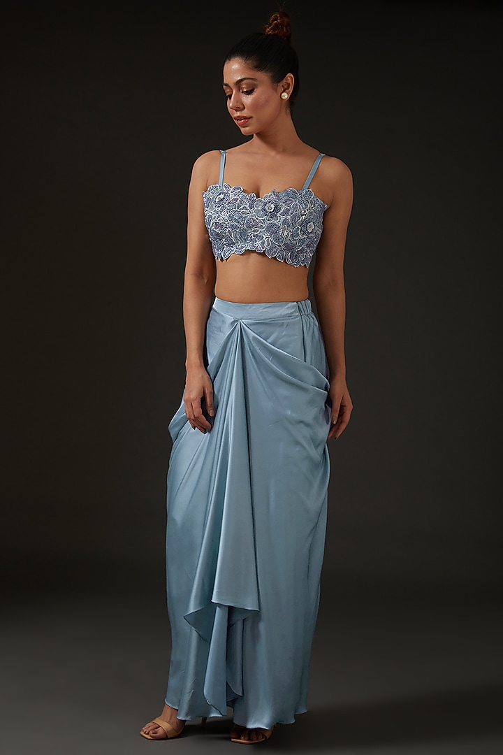 Blue Armani Silk Satin Draped Skirt Set by I AM DESIGN at Pernia's Pop Up Shop