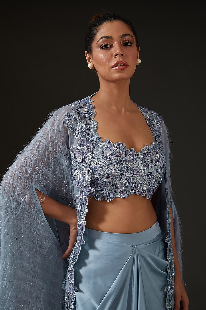 Blue Armani Silk Satin Draped Skirt Set by I AM DESIGN at Pernia's Pop Up Shop