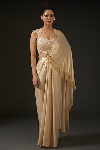 Gold Silk Draped Saree Set by I AM DESIGN
