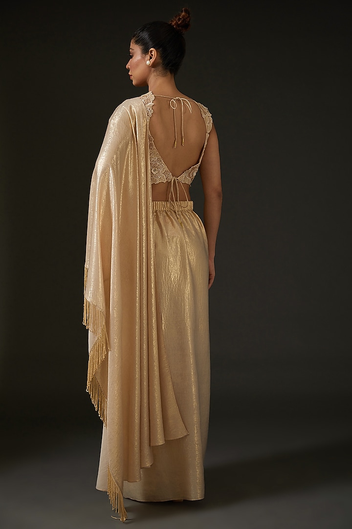 Gold Silk Draped Wedding Saree Set by I AM DESIGN at Pernia's Pop Up Shop