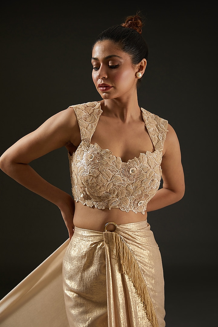 Gold Silk Draped Wedding Saree Set by I AM DESIGN at Pernia's Pop Up Shop