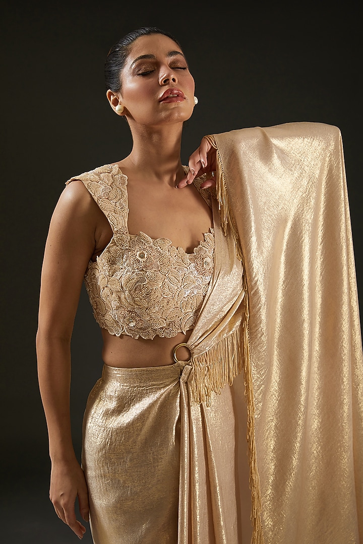 Gold Silk Draped Wedding Saree Set by I AM DESIGN at Pernia's Pop Up Shop