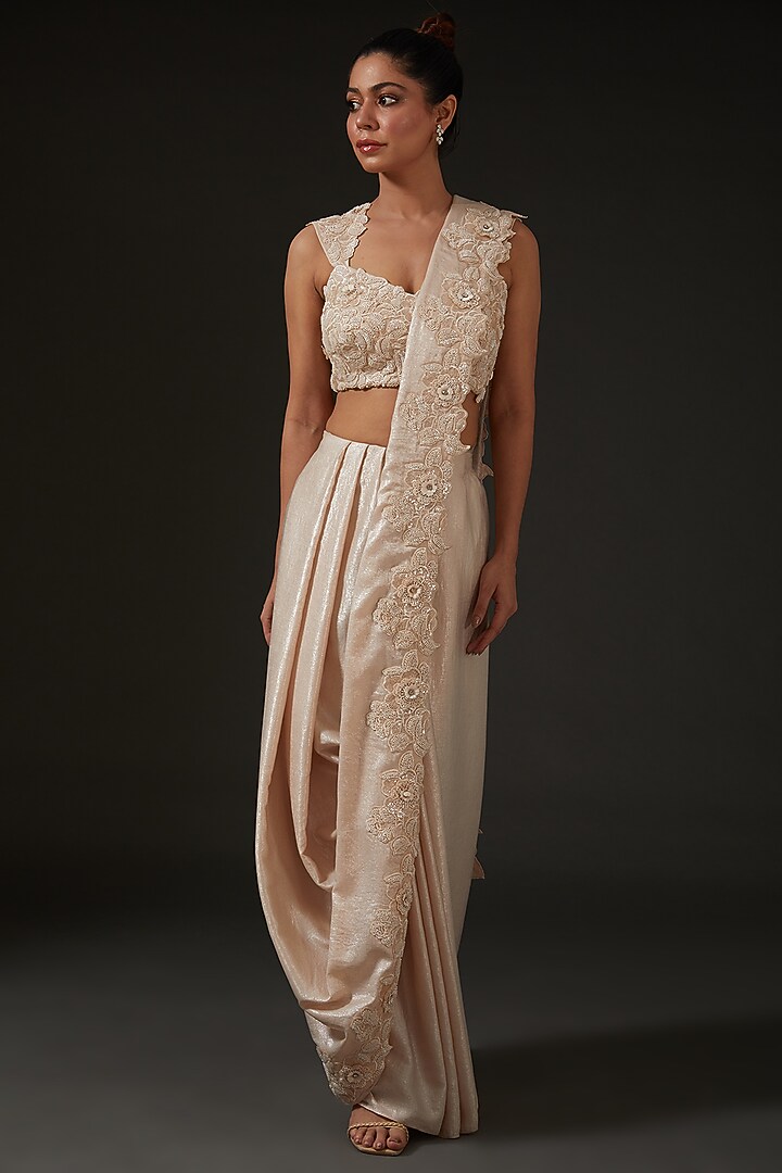 Gold Silk Draped Wedding Saree Set by I AM DESIGN at Pernia's Pop Up Shop