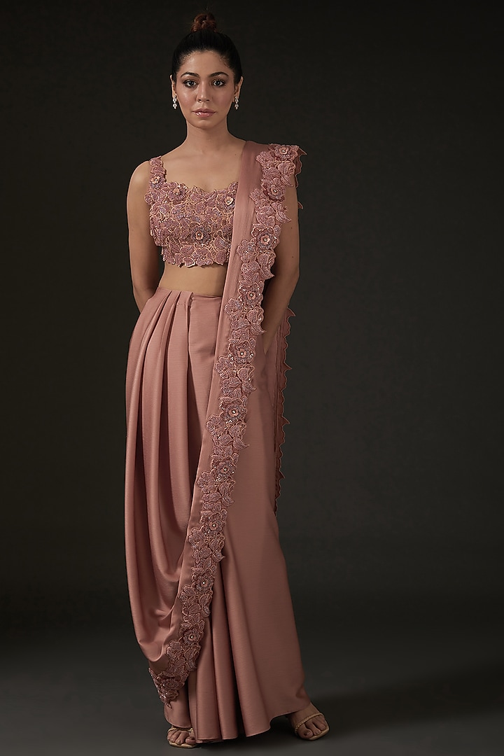 Peach Silk Draped Wedding Saree Set by I AM DESIGN at Pernia's Pop Up Shop