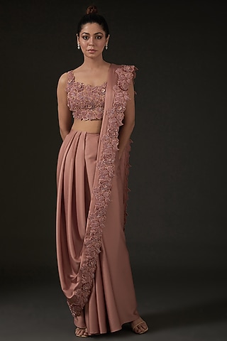 Peach Silk Draped Saree Set by I AM DESIGN
