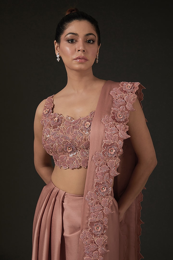 Peach Silk Draped Wedding Saree Set by I AM DESIGN at Pernia's Pop Up Shop