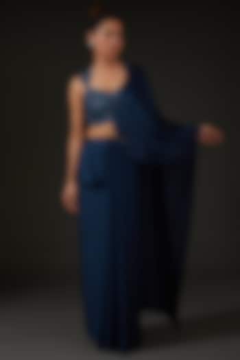 Blue Silk Draped Wedding Saree Set by I AM DESIGN at Pernia's Pop Up Shop