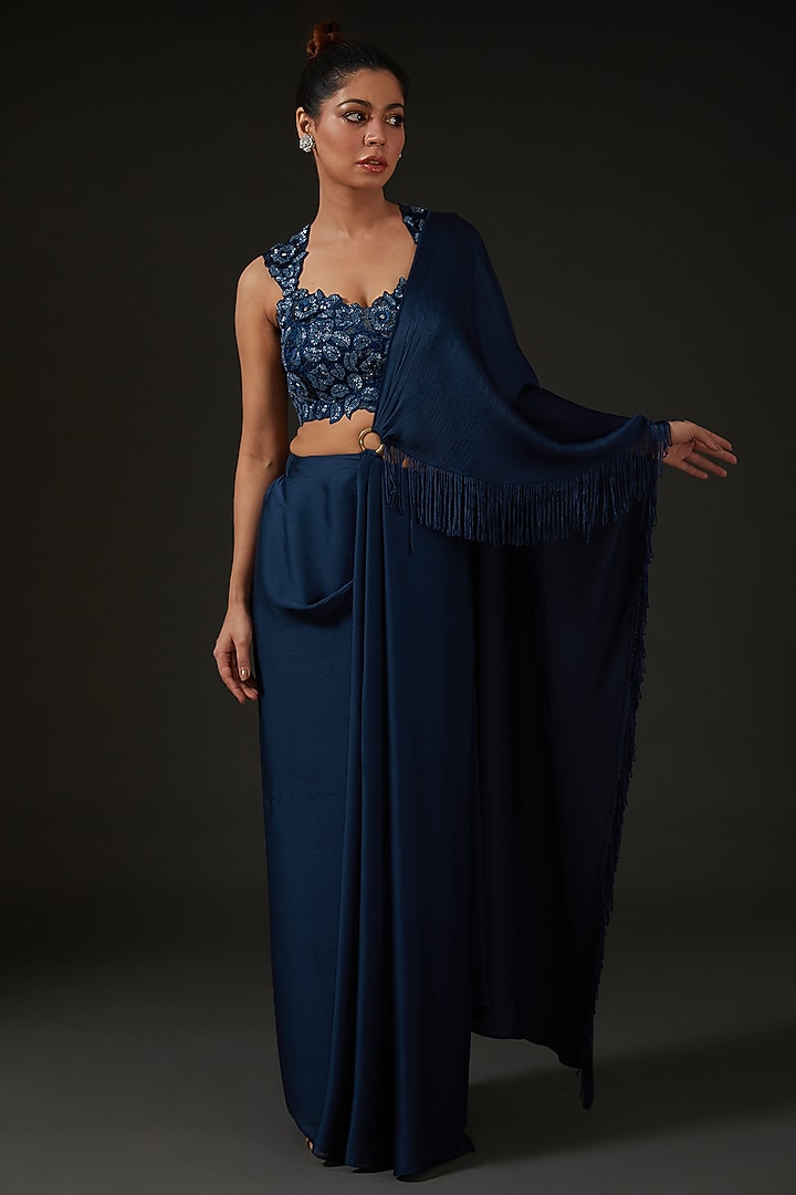 Blue Silk Draped Wedding Saree Set by I AM DESIGN at Pernia's Pop Up Shop