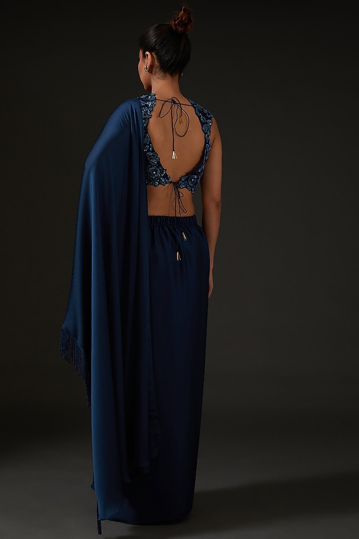 Blue Silk Draped Wedding Saree Set by I AM DESIGN at Pernia's Pop Up Shop