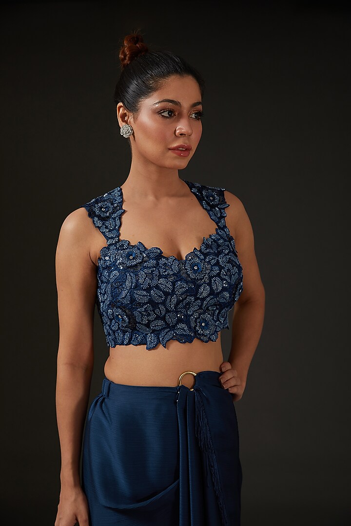 Blue Silk Draped Wedding Saree Set by I AM DESIGN at Pernia's Pop Up Shop
