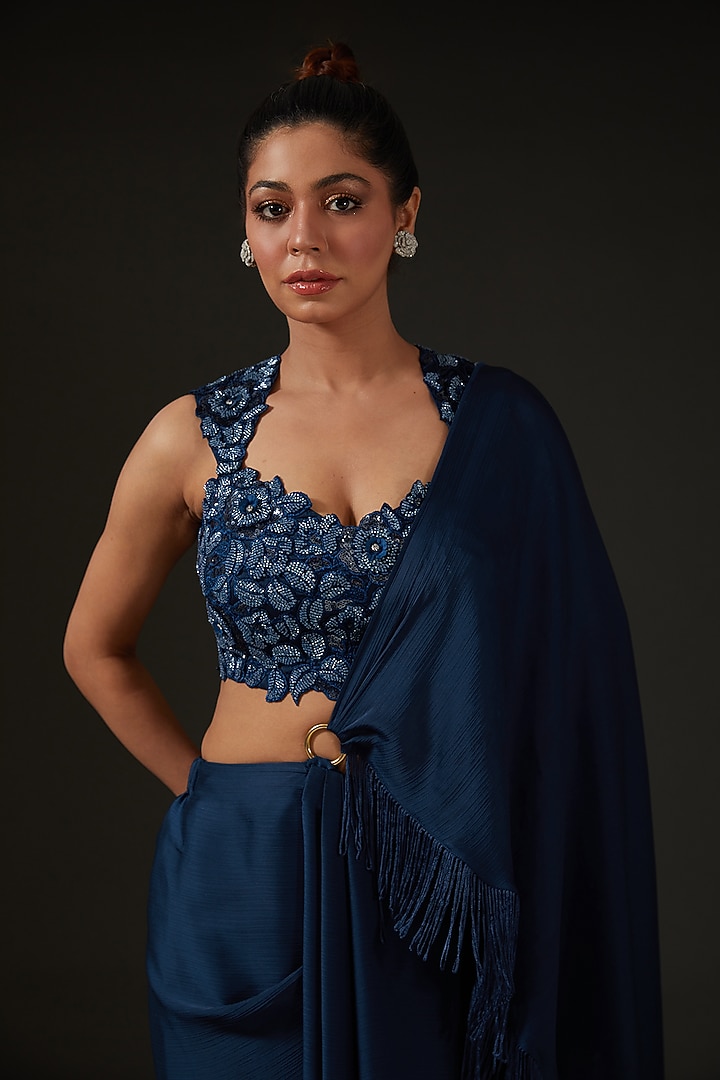 Blue Silk Draped Wedding Saree Set by I AM DESIGN at Pernia's Pop Up Shop
