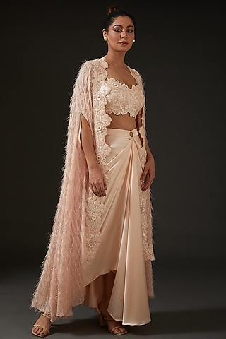 Nude Armani Silk Satin Draped Skirt Set by I AM DESIGN