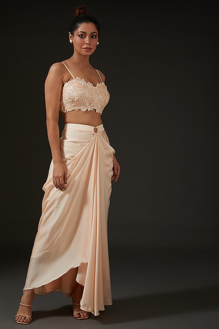 Nude Armani Silk Satin Draped Skirt Set by I AM DESIGN at Pernia's Pop Up Shop