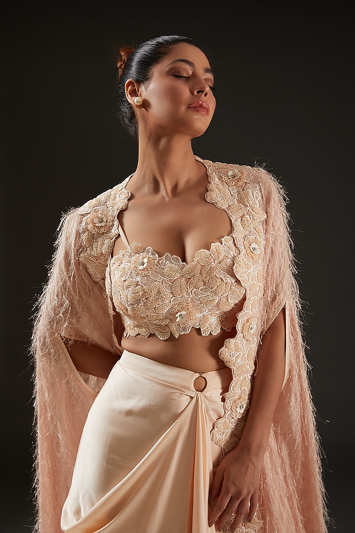 Nude Armani Silk Satin Draped Skirt Set by I AM DESIGN at Pernia's Pop Up Shop