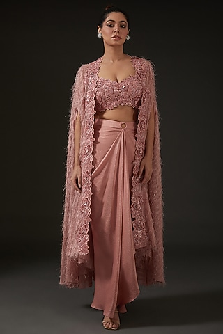 Peachy Pink Armani Silk Satin Draped Skirt Set by I AM DESIGN