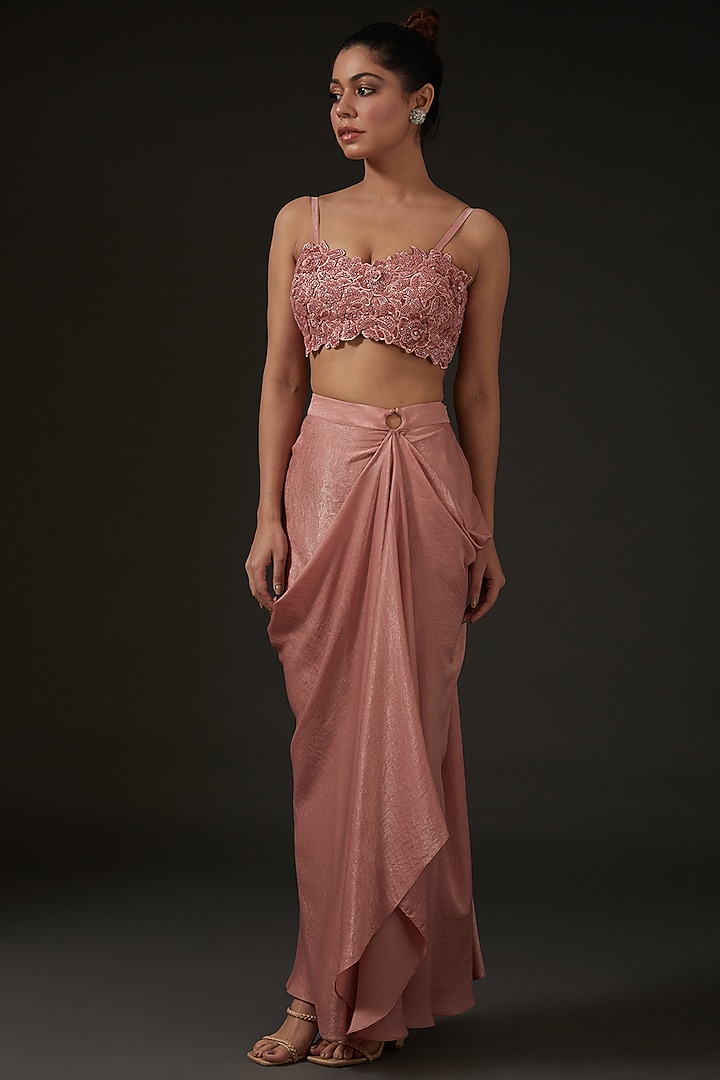 Peachy Pink Armani Silk Satin Draped Skirt Set by I AM DESIGN at Pernia's Pop Up Shop