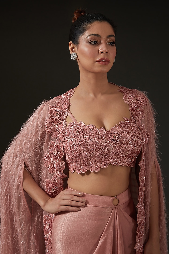 Peachy Pink Armani Silk Satin Draped Skirt Set by I AM DESIGN at Pernia's Pop Up Shop