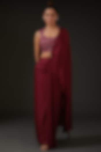 Maroon Silk Draped Wedding Saree Set by I AM DESIGN at Pernia's Pop Up Shop