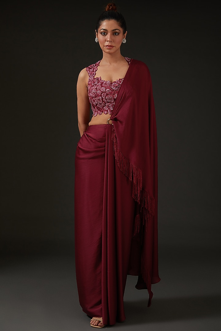 Maroon Silk Draped Wedding Saree Set by I AM DESIGN at Pernia's Pop Up Shop