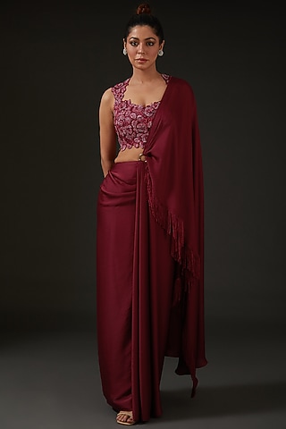 Maroon Silk Draped Saree Set by I AM DESIGN