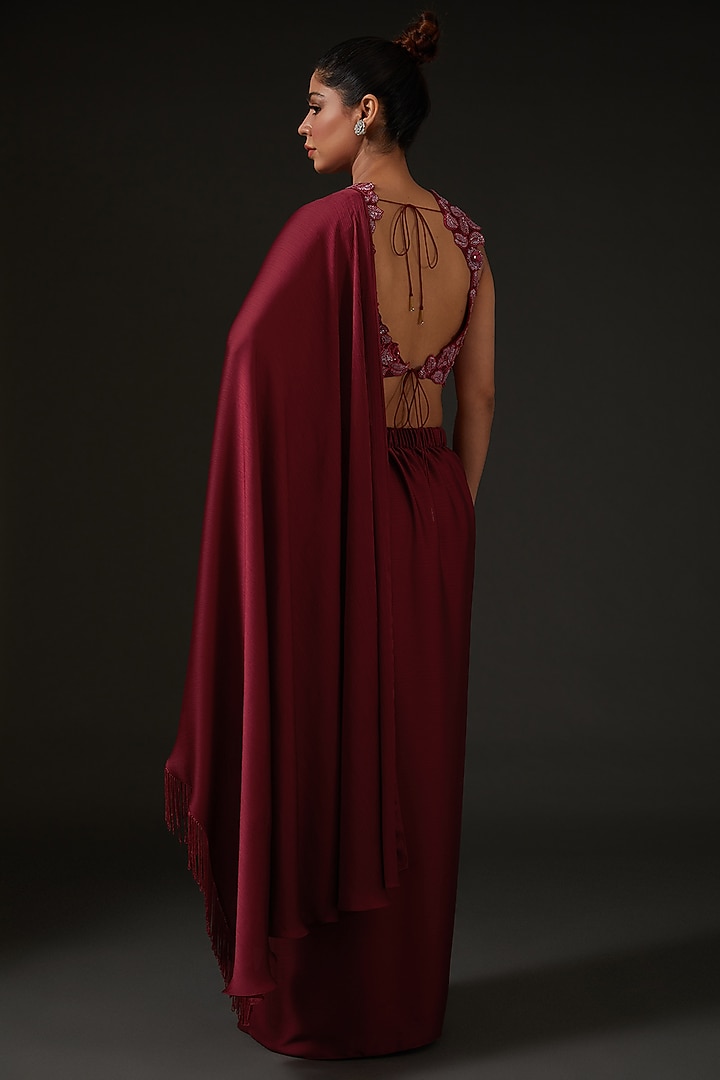 Maroon Silk Draped Wedding Saree Set by I AM DESIGN at Pernia's Pop Up Shop