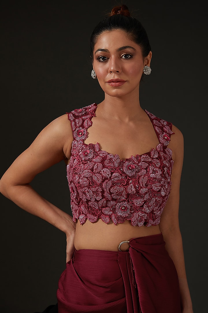 Maroon Silk Draped Wedding Saree Set by I AM DESIGN at Pernia's Pop Up Shop