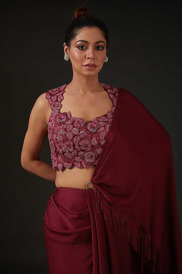 Maroon Silk Draped Wedding Saree Set by I AM DESIGN at Pernia's Pop Up Shop