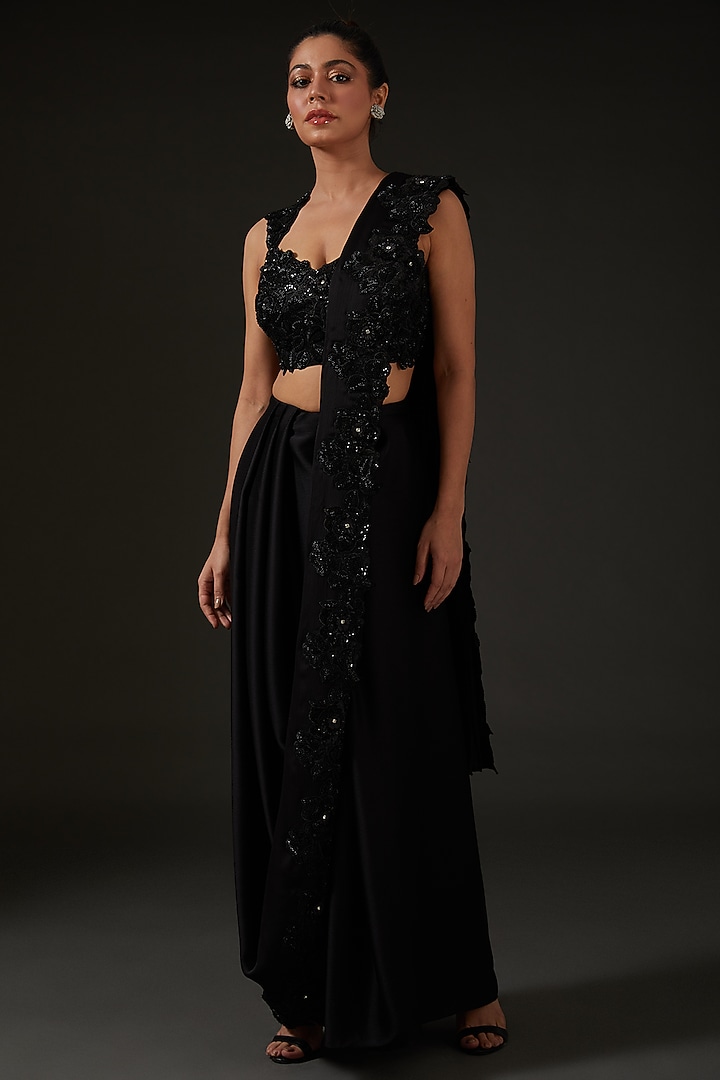 Black Silk Draped Wedding Saree Set by I AM DESIGN at Pernia's Pop Up Shop