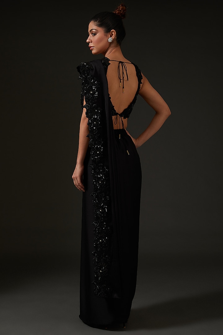 Black Silk Draped Wedding Saree Set by I AM DESIGN at Pernia's Pop Up Shop