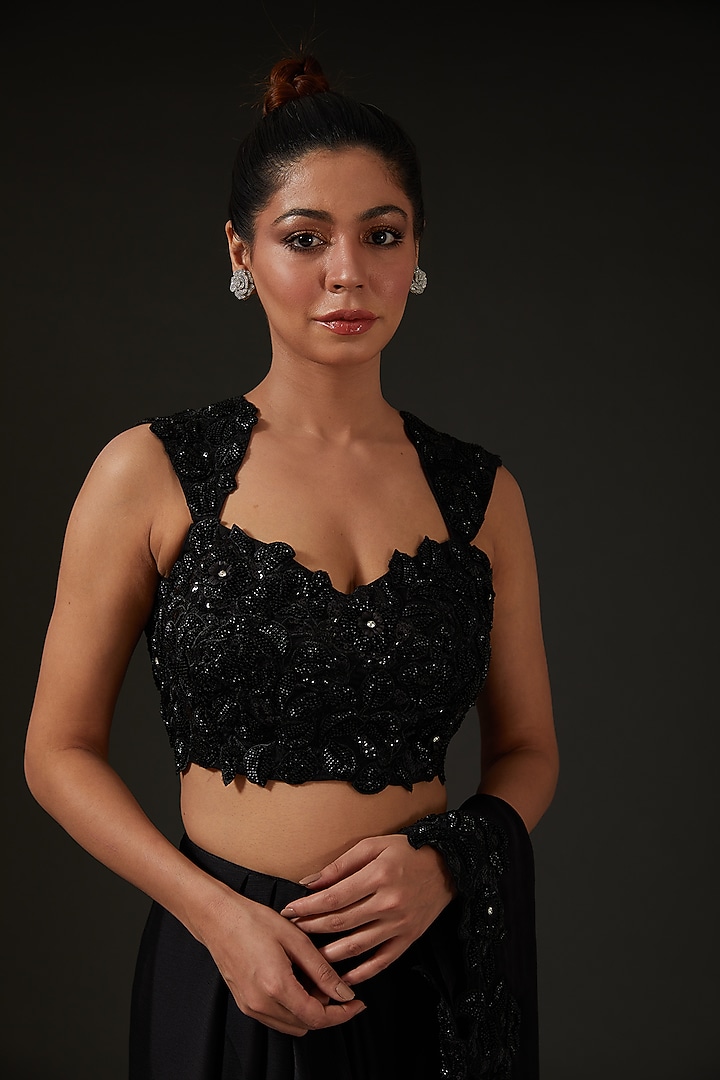 Black Silk Draped Wedding Saree Set by I AM DESIGN at Pernia's Pop Up Shop