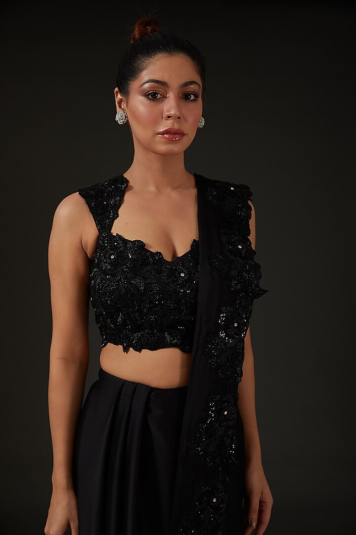 Black Silk Draped Wedding Saree Set by I AM DESIGN at Pernia's Pop Up Shop