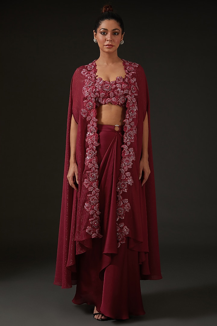 Maroon Silk Draped Skirt Set by I AM DESIGN at Pernia's Pop Up Shop