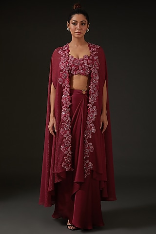 Maroon Silk Draped Skirt Set by I AM DESIGN