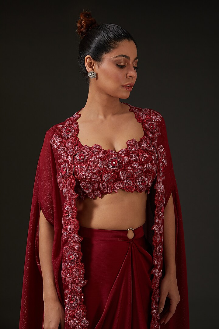 Maroon Silk Draped Skirt Set by I AM DESIGN at Pernia's Pop Up Shop